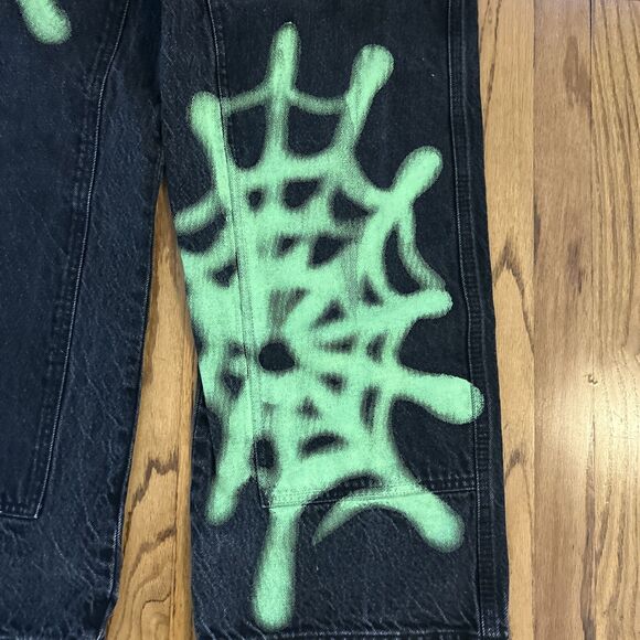 BDG Big Jack Workpant Fit Jean Sz. 32 Relaxed Fit Spider Web Black Neon Green - Picture 3 of 13
